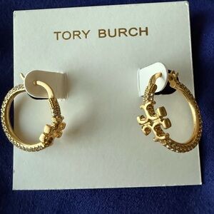 TORY BURCH Eleanor Pavé Crystal Gold Plated Hoop Earrings.